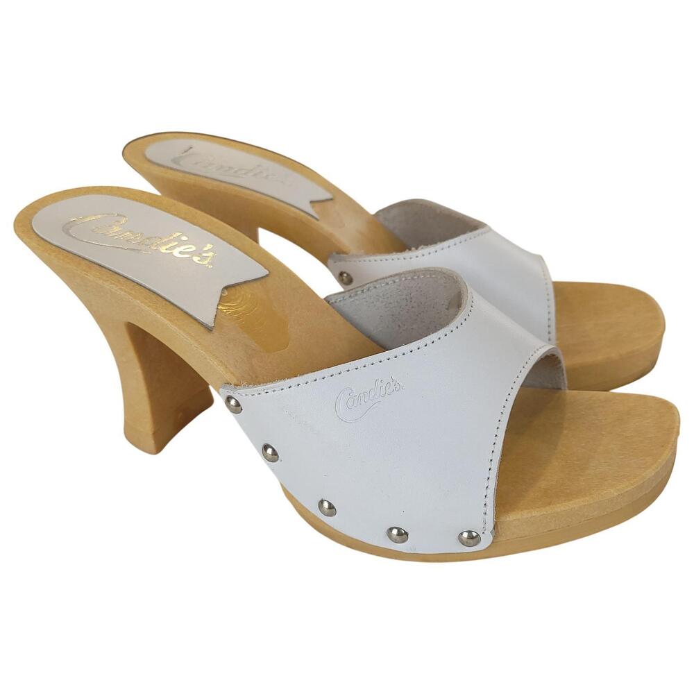 Candie's Rita Mule Heels US 7 Vintage White Leather Faux Wood Slip On Open Toe